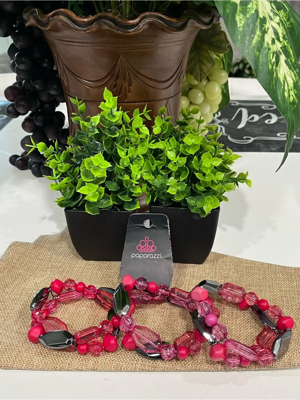 Bundle of 3-paparazzi Pink & Black Mixed Bead Stretch Bracelet Set